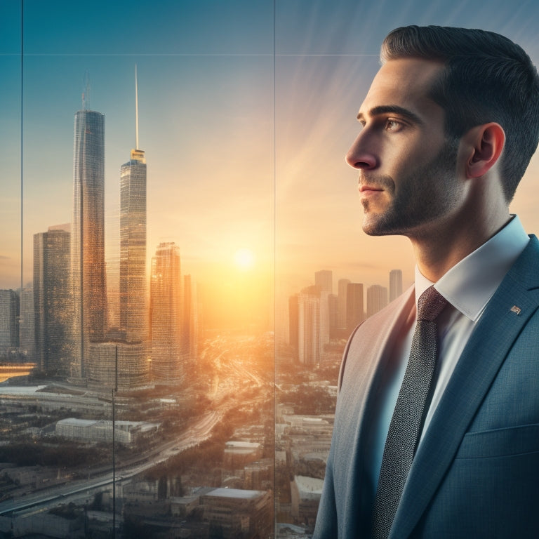 A split-screen image featuring a businessman standing in front of a cityscape at sunset, with a subtle brain outline in the background, and a graph with ascending lines and coins scattered around on the other side.