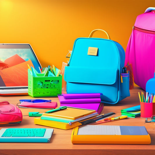 A colorful illustration of a teacher's desk, surrounded by laptops, tablets, and smartphones, with shopping bags and backpacks overflowing with school supplies, amidst a subtle background of a calendar and clock.