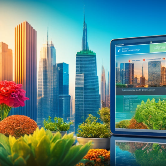 A split-screen image featuring a cityscape with ascending arrows and growing plants on one side, symbolizing financial growth, and a tablet with a payment schedule grid on the other side, with colorful icons and rising graphs.