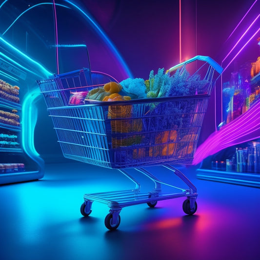 A futuristic, neon-lit shopping cart overflowing with diverse products, surrounded by swirling lines and shapes representing data and trends, set against a dark blue gradient background.