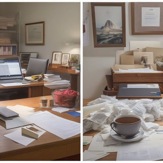 A split-screen image featuring a cluttered desk with a messy stack of papers and a single, crumpled return label on the left, versus a tidy workspace with a printer, organized papers, and a neat stack of professionally printed return labels on the right.