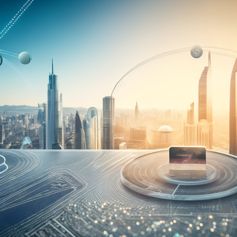 A futuristic, minimalist illustration featuring interconnected circles and arrows, surrounded by stylized digital payment icons, such as credit cards and mobile phones, amidst a blurred cityscape background.