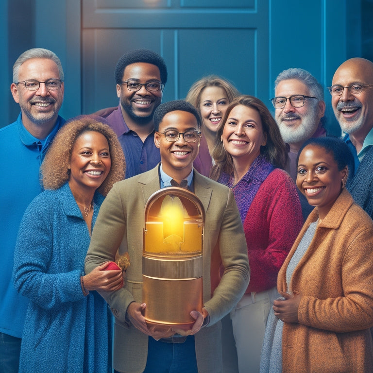 An illustration of a person standing in front of a large, unlocked padlock, with a bright light emanating from it, surrounded by diverse individuals of different abilities, all smiling and engaged.