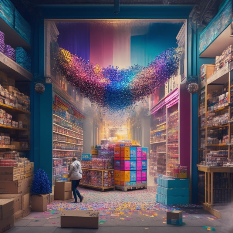 An illustration of a small shop growing into a large, sprawling marketplace, with crates and boxes exploding outward in a burst of colorful confetti, surrounded by subtle hints of digital screens and networks.
