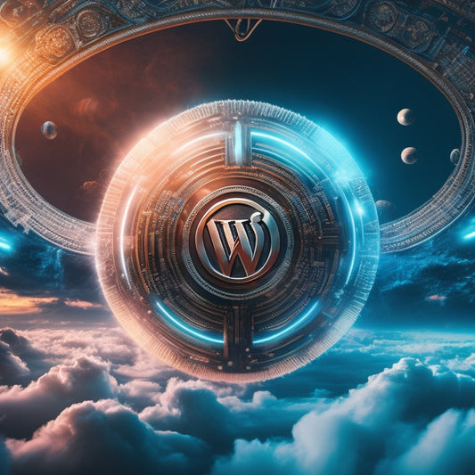 A futuristic, glowing WordPress logo surrounded by swirling digital clouds, with 1s and 0s orbiting around it, amidst a backdrop of circuit boards and wires, symbolizing innovation and technological advancement.