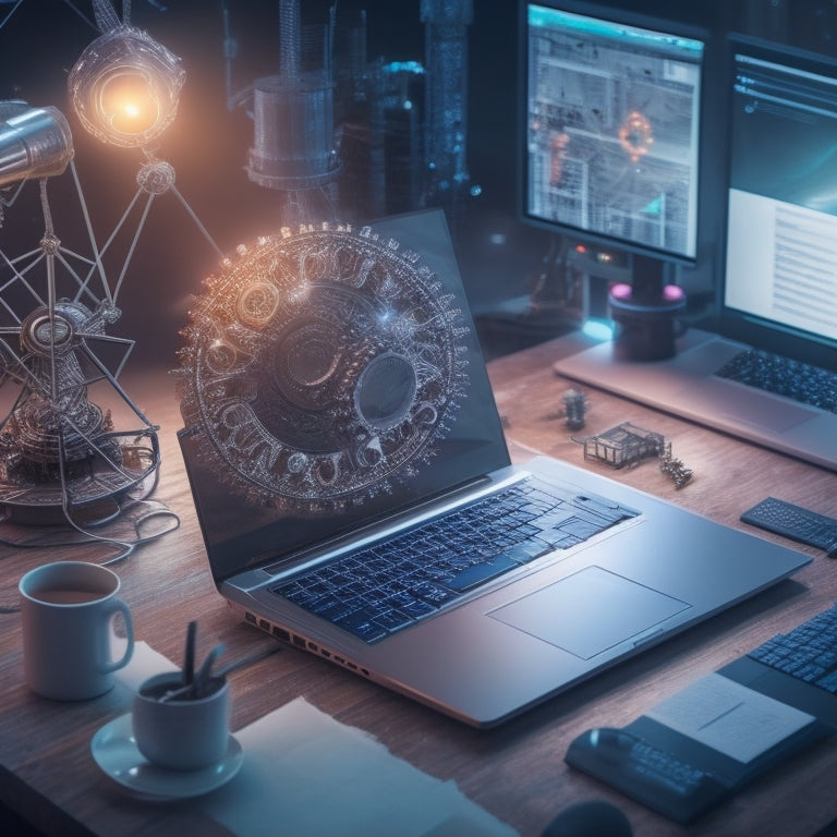 A futuristic illustration of a merchant's desk with a laptop, surrounded by orbiting gears, cogs, and sparks, connected to a glowing network of lines and nodes, symbolizing seamless technical support.
