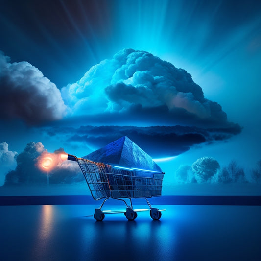 A futuristic ecommerce landscape with a dark, ominous cloud of fraud looming in the background, contrasted with a bright, shield-like icon of AI-powered tools protecting a secure, glowing online shopping cart.