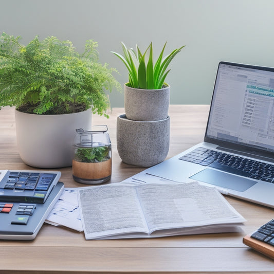 An organized desk with a laptop, calculator, and stacked folders labeled with expense categories, surrounded by scattered receipts and a small potted plant, set against a calm blue background.
