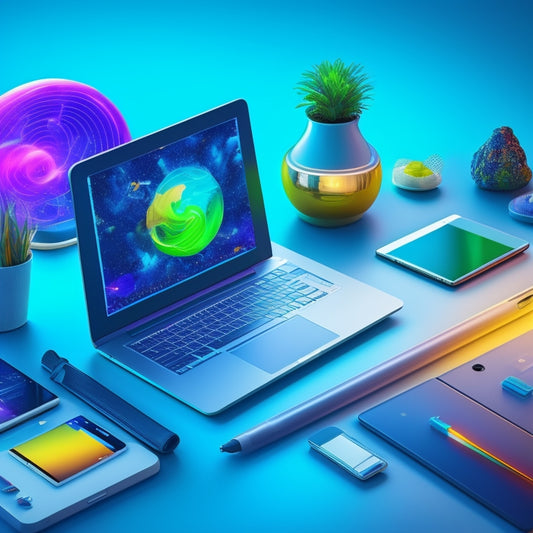 A futuristic, minimalist e-learning platform background with various digital devices, such as laptops, tablets, and smartphones, surrounded by colorful, swirling learning paths and 3D brain illustrations.