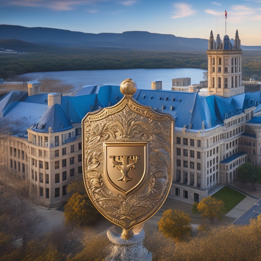 An image featuring the University of Texas at Austin's iconic Beaux-Arts Main Building in the background, with a shield or badge incorporating a lock and a checkmark in the foreground, surrounded by subtle circuitry patterns.