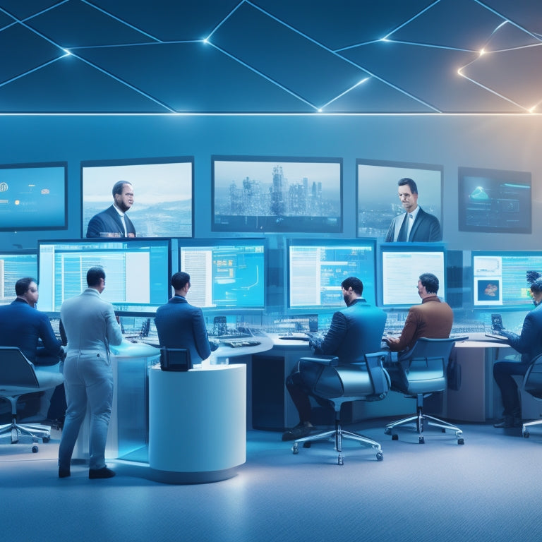 A minimalist illustration depicting a serene, futuristic customer support hub with sleek computers, glowing screens, and a few satisfied customers in the background, surrounded by subtle, swirling digital patterns.