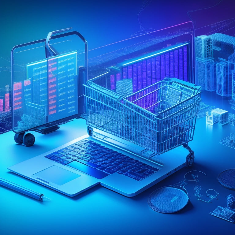 A stylized illustration of a laptop with a shopping cart overflowing with digital products, surrounded by upward-trending graphs and charts, set against a bright blue background with subtle circuit board patterns.