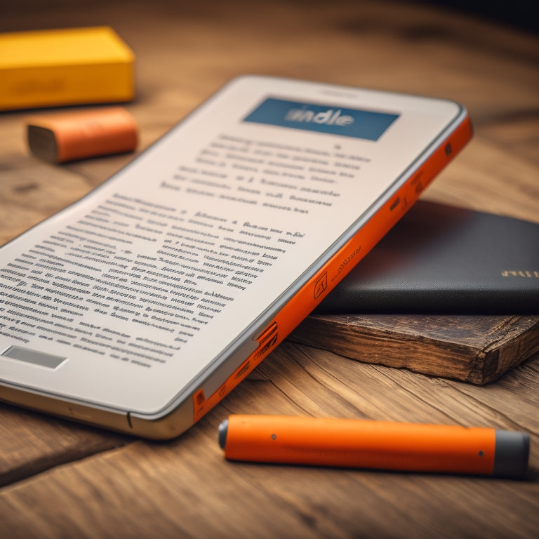 A broken Kindle e-reader lies on a wooden desk, surrounded by scattered, crumpled papers with rejected PLR content, amidst a backdrop of Amazon's logo and a red "X" symbol.