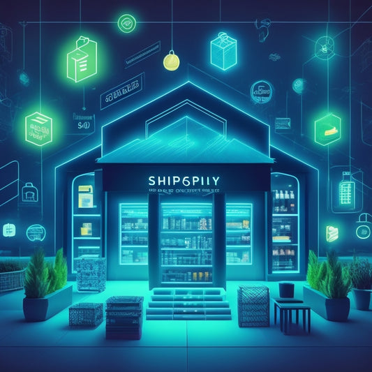 A stylized illustration of a Shopify storefront with various digital product icons (e.g., ebooks, courses, software) orbiting around it, connected by glowing lines and nodes, conveying integration and growth.