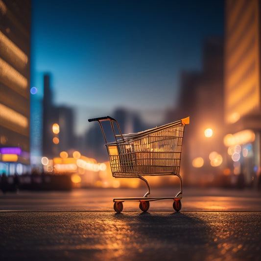A solitary, dimly lit shopping cart with a few scattered products surrounding it, set against a blurred cityscape at dusk, with a faint glowing digital aura emanating from the cart.