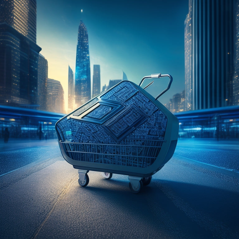 A futuristic illustration of a shield protecting a shopping cart, surrounded by a maze of broken credit cards and shattered locks, with a subtle cityscape background and a hint of digital circuitry.