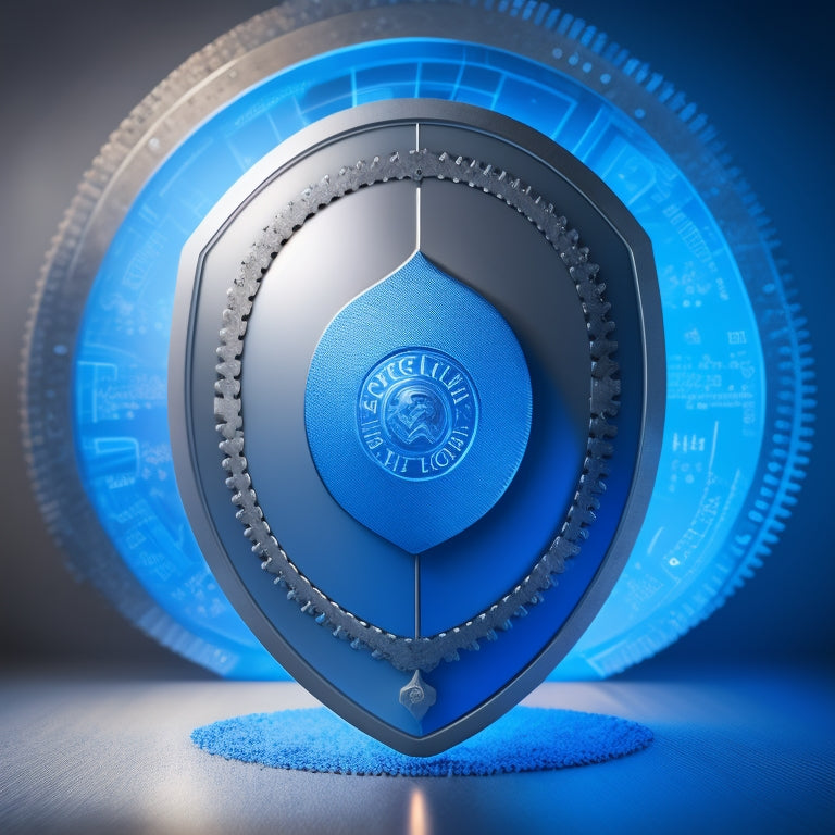 A shield with a checkmark at its center, surrounded by a circle of interconnected gears, with a subtle gradient of blues and whites, conveying trust, security, and precision.