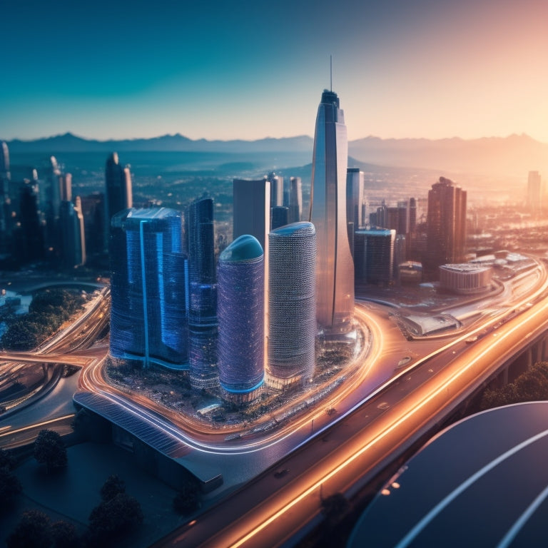 A stylized, curved roadmap unfolding from a briefcase, with glowing blue lines and nodes, set against a blurred cityscape background with skyscrapers and subtle sun rays.