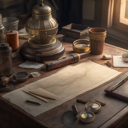 A cluttered, well-worn wooden desk with a vintage transit level, compass, and monocular, surrounded by crumpled maps, worn notebooks, and scattered pencils, with a subtle, warm, golden light.