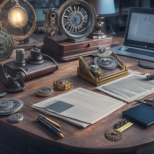 A stylized illustration of a merchant's desk with a laptop, a few neatly organized files, and a pen lying on top of a signed contract, surrounded by subtle gears and cogs in the background.