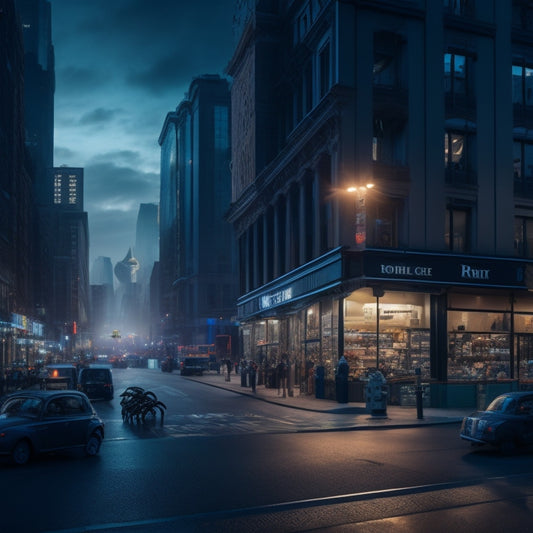 A darkened cityscape at dusk, with a besieged ecommerce storefront in the center, surrounded by hordes of robotic spiders and shadowy figures lurking in the shadows, amidst a whirlwind of credit cards and money symbols.