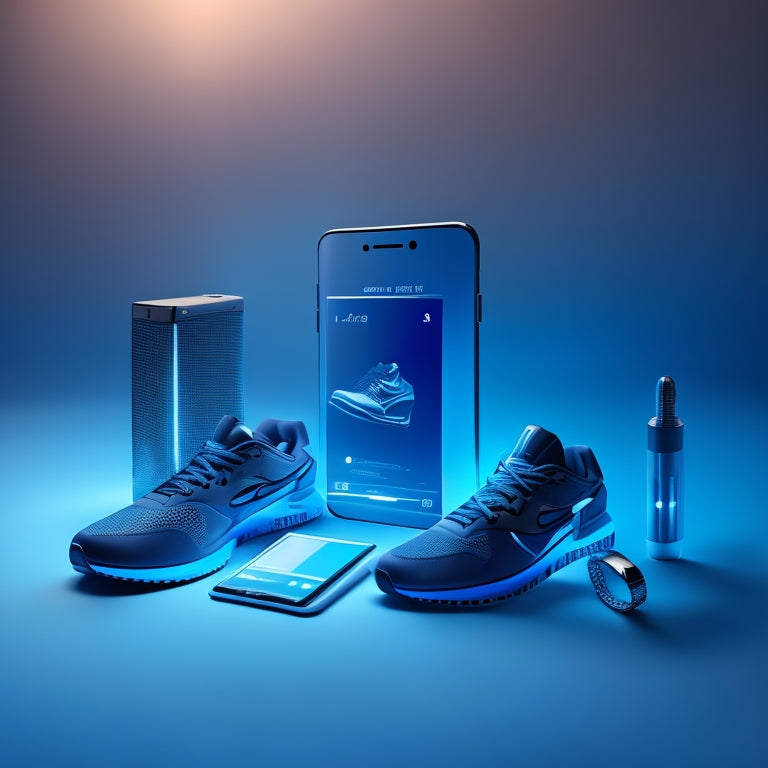 A futuristic, minimalist illustration featuring a sleek, silver smartphone surrounded by floating, glowing digital products (e.g., a virtual t-shirt, a digital watch, and a 3D model of sneakers) against a dark blue background.