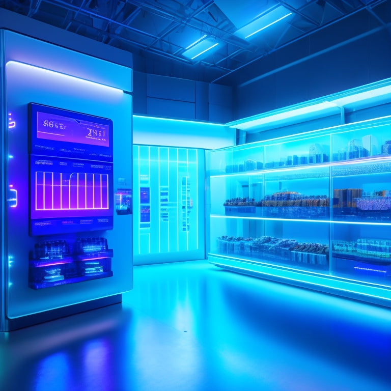 A futuristic ecommerce hub with sleek, metallic shelves and neon-lit aisles, featuring a giant tablet displaying a sales dashboard, surrounded by floating 3D product models and orbiting digital gears.