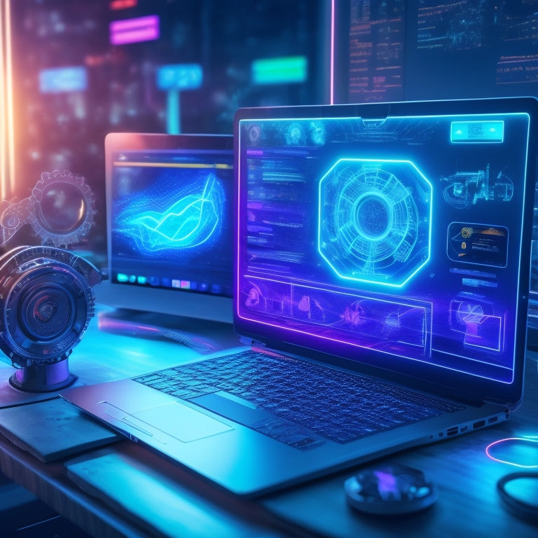 An illustration of a futuristic e-commerce dashboard with various digital tools and icons, such as a laptop, tablet, and smartphone, surrounded by gears, circuits, and neon lights.