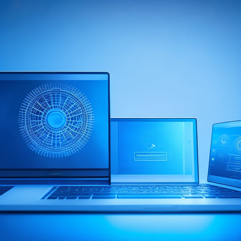 A minimalist illustration featuring three interconnected gears with a subtle glow, surrounded by faint laptop and tablet silhouettes, set against a soft, gradient blue background.