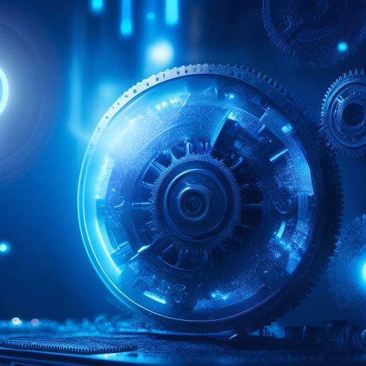 A futuristic, dark blue background with glowing, interconnected gears and cogs, surrounded by swirling clouds of code, with a central, shimmering lightbulb representing innovative product creation.