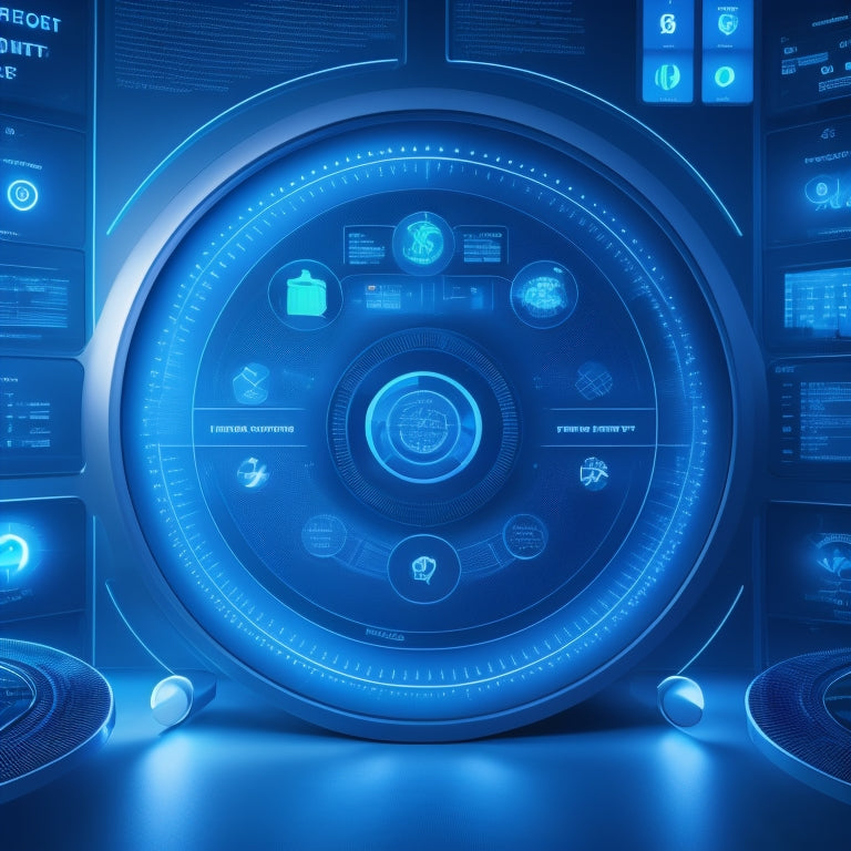 A futuristic, minimalist dashboard with glowing blue lines and circles, featuring a stylized customer support agent avatar surrounded by various digital tools and icons, set against a dark blue background.