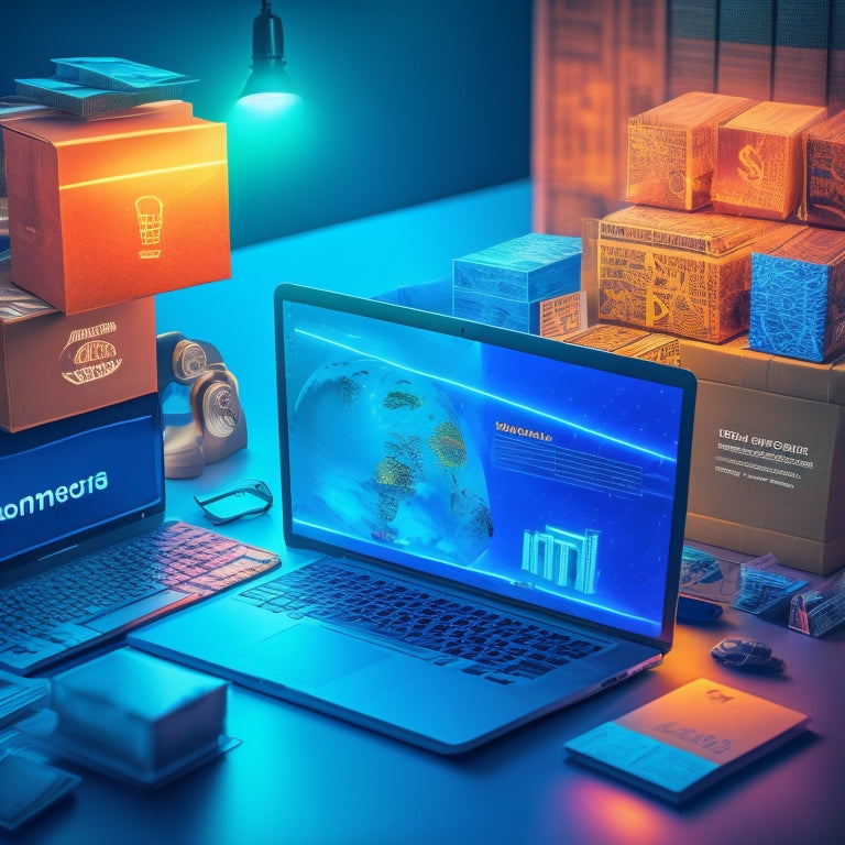 A stylized illustration of a person standing in front of a laptop, surrounded by chaotic ecommerce icons (carts, boxes, payment symbols) being organized into tidy folders and charts, with a subtle glow effect.