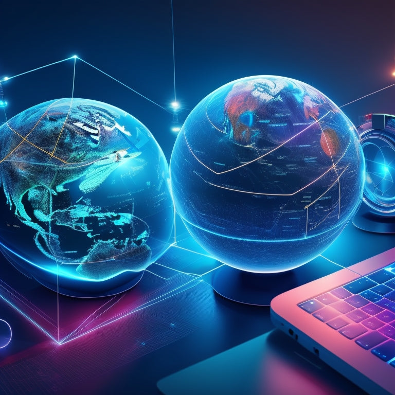A futuristic illustration depicting a stylized globe with glowing blue lines and nodes, surrounded by floating tablets and laptops, with 3D file icons and arrows transferring data between devices.