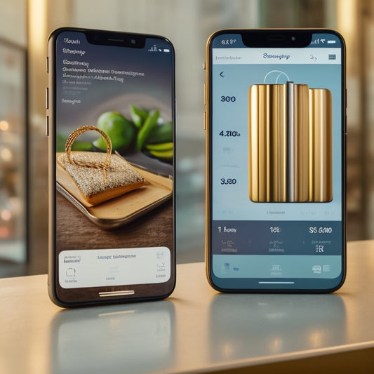A futuristic, sleek smartphone screen displaying a split-screen comparison of a Shopify storefront and an Instagram feed, with ascending sales graphs and swirling orbiting arrows.