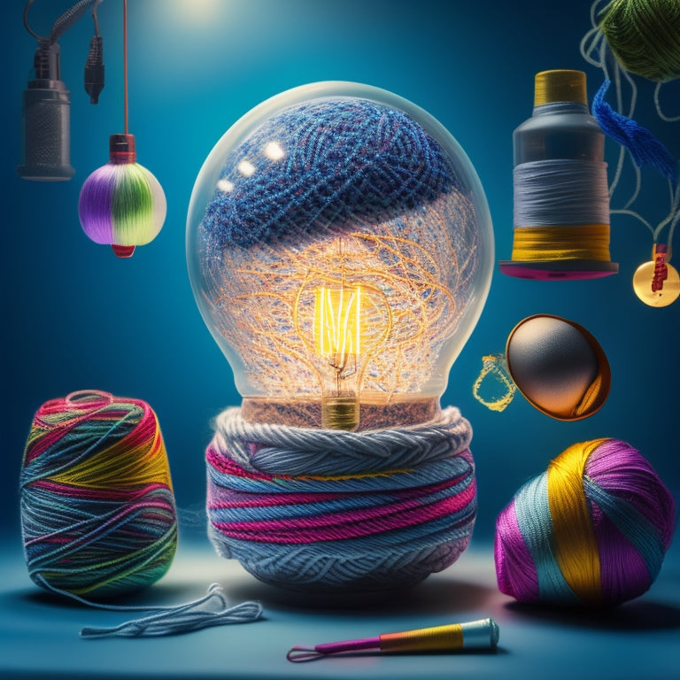 A stylized illustration of a lightbulb surrounded by swirling threads of yarn, beads, and fabric scraps, with a subtle grid of e-commerce icons in the background, depicting creativity and online sales.