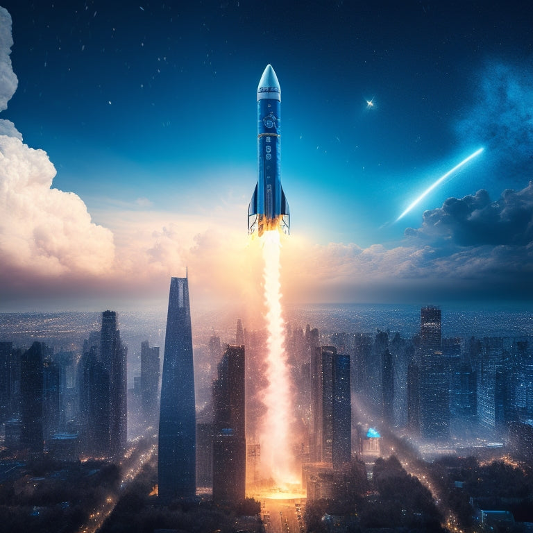 An illustration of a rocket ship blasting off from a cityscape, surrounded by swirling clouds of 1s and 0s, with glowing blue circuits and Wi-Fi signals radiating from the rocket's trail.