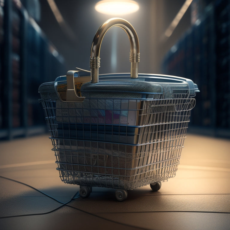 A shield protecting a shopping cart filled with credit cards, with a faint background of circuit boards and coding symbols, surrounded by a subtle grid of locks and chains.
