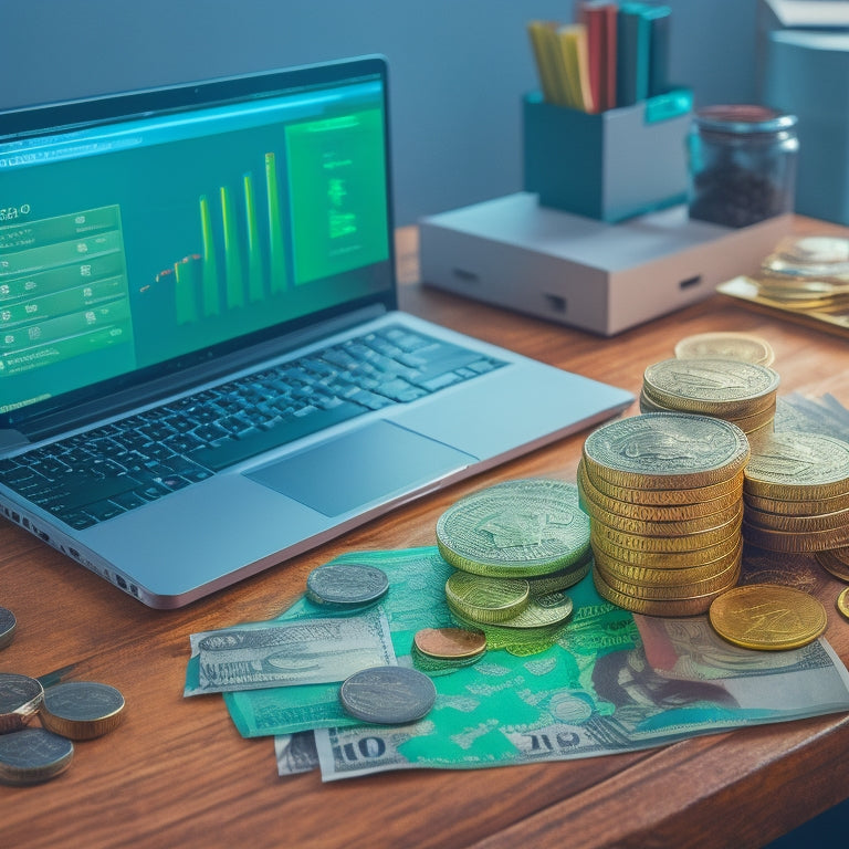 A laptop open on a desk, surrounded by stacks of coins, a growing graph chart, and a few folders with download icons, set against a bright green background with subtle money pattern.