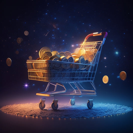 An illustration of a stylized, glowing shopping cart overflowing with coins, surrounded by gears, cogs, and graphs, set against a dark blue background with subtle, shimmering stars.