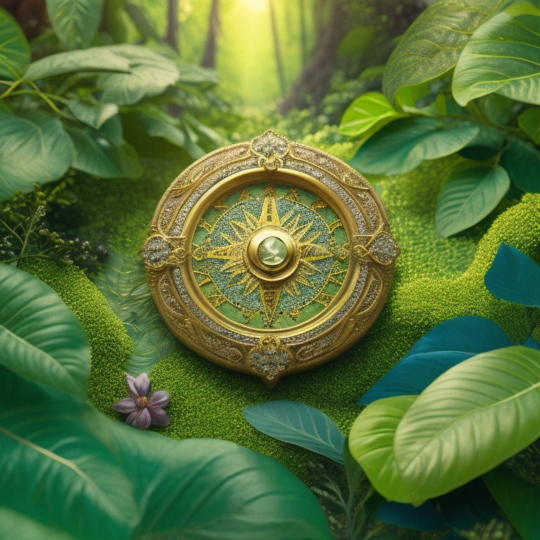 A whimsical illustration featuring a delicate, gemstone-encrusted compass, surrounded by lush greenery and intricate, swirling patterns, set against a warm, golden background with subtle, shimmering textures.
