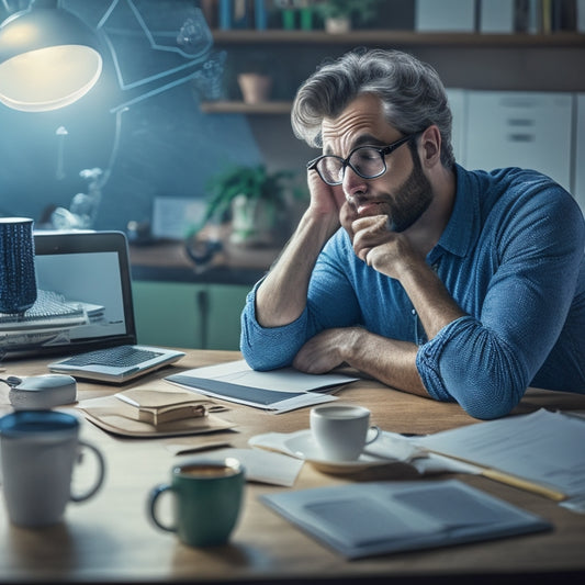 A frazzled person sitting in front of a cluttered desk, surrounded by papers and empty coffee cups, staring at a laptop with a frozen browser window, while a clock in the background shows time ticking away.