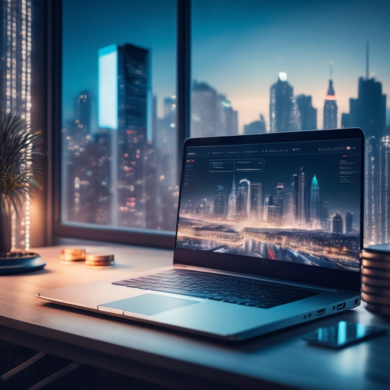 A futuristic, minimalist illustration featuring a laptop with a glowing e-commerce website on the screen, surrounded by rising graphs, coins, and shopping bags in a blurred cityscape background.