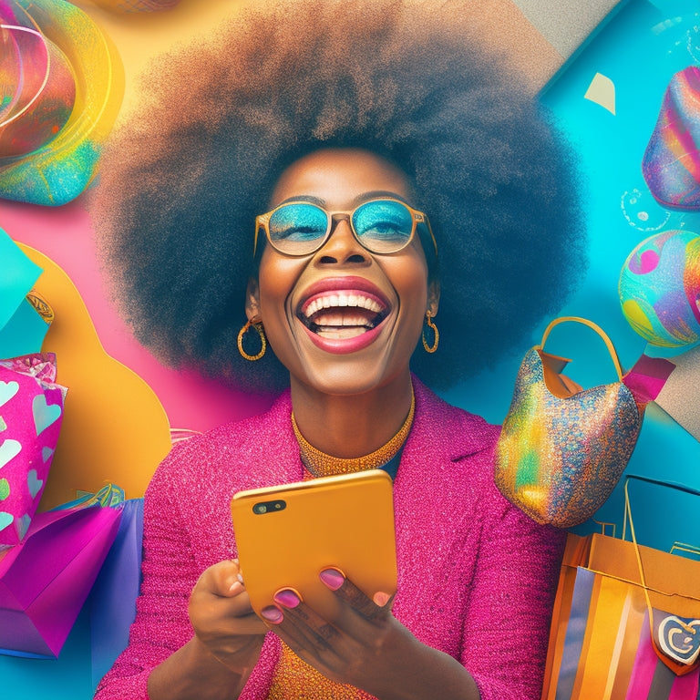 A vibrant, stylized illustration of a happy shopper surrounded by swirling patterns of shopping bags, hearts, and smiley faces, with a subtle background of laptops and smartphones.