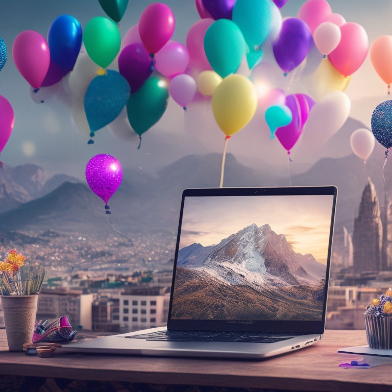 A stylized illustration of a person standing in front of a laptop, surrounded by confetti and balloons, with a cityscape or mountain range in the background, symbolizing success and achievement.