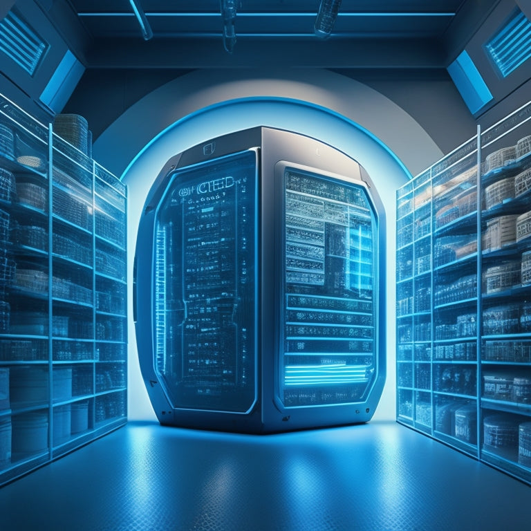 A futuristic, high-tech illustration of a fortified online storefront with a shield protecting a speeding shopping cart, surrounded by gears, circuits, and binary code patterns.