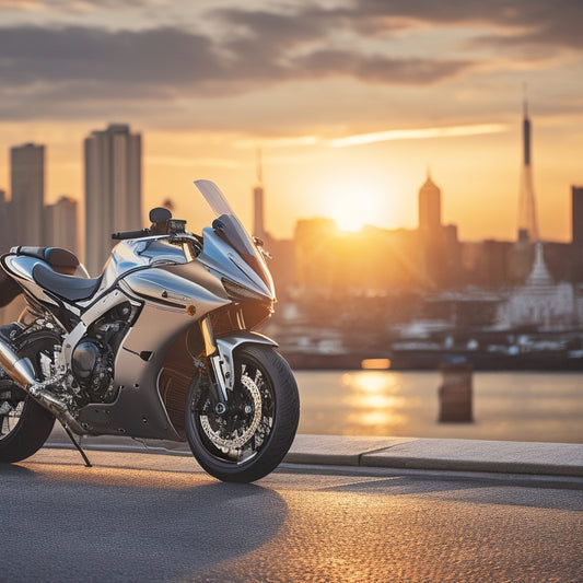 A sleek, silver Yamaha motorcycle parked in front of a blurred cityscape at sunset, with various Yamaha parts and accessories arranged artfully around it in a circular pattern.