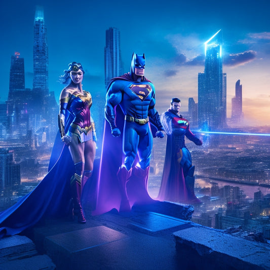 A sprawling cityscape at dusk, with the Justice League superheroes (Batman, Wonder Woman, Superman, and The Flash) standing heroic, backlit by a vibrant, electric blue glow emanating from a printing press in the foreground.