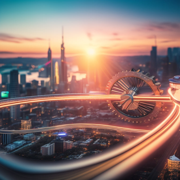 An illustration of a rising arrow piercing through a series of interconnected gears, with a subtle background of a cityscape at dusk, symbolizing growth and momentum in e-commerce.