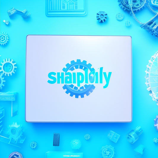 An illustration of interconnected gears, with a Shopify logo at the center, surrounded by smaller gears representing inventory, shipping, and payment, all moving in harmony, set against a modern, sleek blue background.