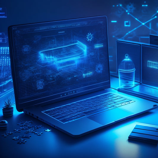 A futuristic, minimalist illustration featuring a laptop with a glowing dashboard, surrounded by ascending charts, gears, and puzzle pieces, set against a dark blue background with neon accents.